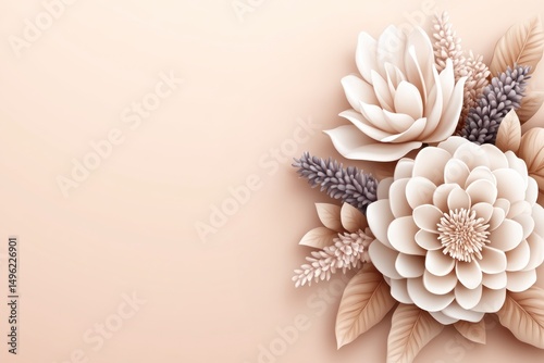 Elegant paper flowers, beige background, wedding invitation design
