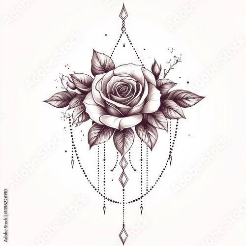 Elegant rose tattoo design, floral art, detailed drawing, white background, decorative use