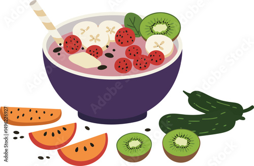 Healthy fruit smoothie bowl with banana kiwi and watermelon slices vector illustration for nutritious breakfast 