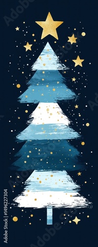 Festive blue Christmas tree, starry night, holiday card