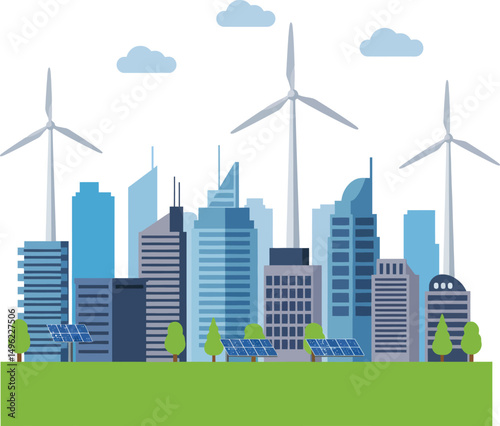 Modern city skyline with renewable energy wind turbines and solar panels sustainable urban development vector illustration 