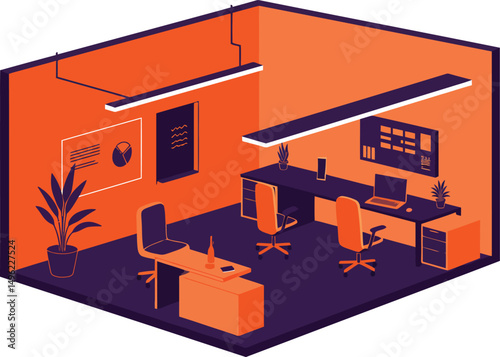 Isometric modern office workspace with desks chairs computers and plants in orange and purple vector illustration 