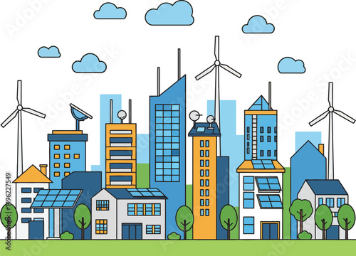 Sustainable city skyline with renewable energy wind turbines and solar panels in eco friendly urban environment vector illustration 
