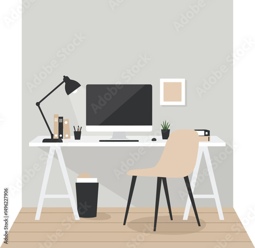 Modern home office workspace with computer lamp and chair in minimalist style interior design 