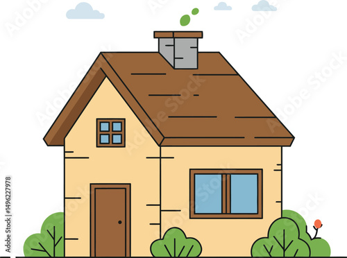 Small beige house with brown roof chimney and green bushes vector illustration 
