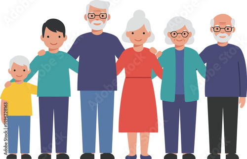 Multigeneration family portrait with grandparents and children in casual clothing vector illustration 