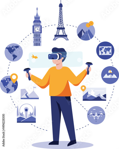 Virtual reality travel exploring famous landmarks Big Ben and Eiffel Tower with immersive technology and digital landscape discovery vector illustration 
