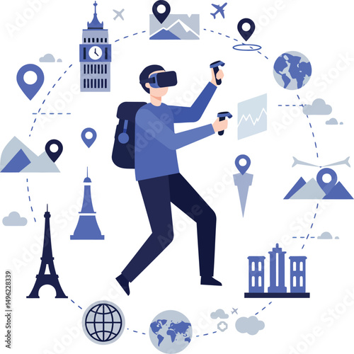 Virtual Reality Travel Experience with Landmarks Big Ben Eiffel Tower and Globe Exploration Vector Illustration 