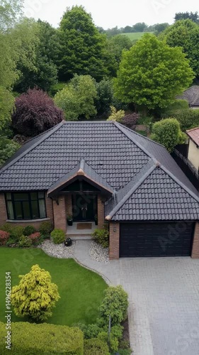 Modern Suburban House with Dark Roof and Landscaped Garden - Aerial View