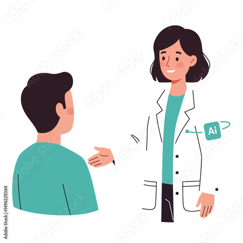 Female doctor consulting male patient wearing teal shirt in medical office vector illustration 
