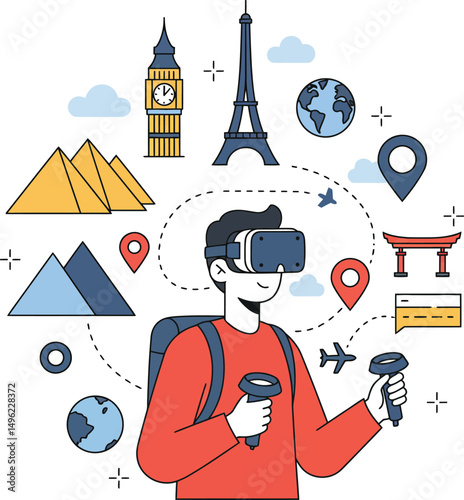Virtual reality travel explorer with worldwide landmarks and cultural icons in immersive digital experience 