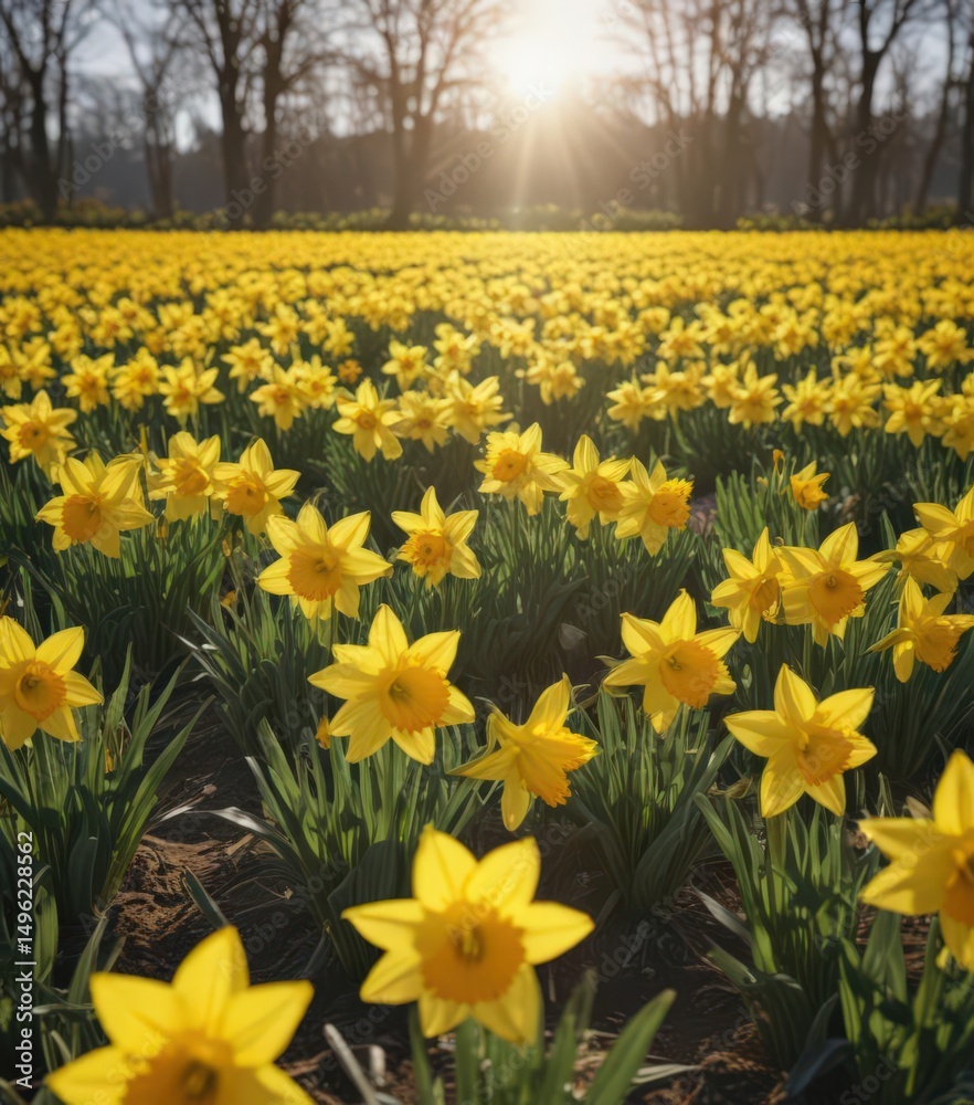 Fototapeta premium Sunlit field of vibrant yellow daffodils in full bloom , floral, macro, yellow