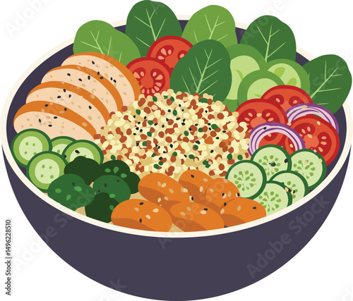 Healthy quinoa salad bowl with grilled chicken and fresh vegetables balanced nutritious meal vector 