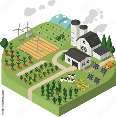 Sustainable farm with solar panels wind turbines crops cows and greenhouses in isometric style vector illustration 