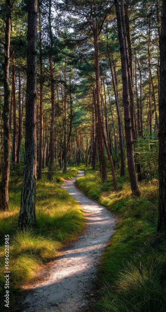 Fototapeta premium Sunlit Path Winding Through Lush Green Forest