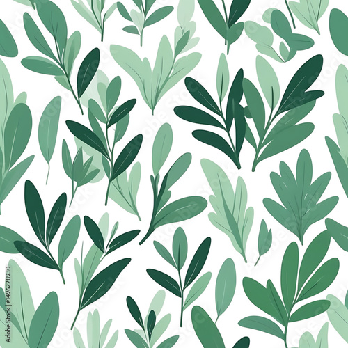Green leaves flat vector pattern of [Sage], vibrant green tones, clean minimal design, white background, soft shadows, vector style