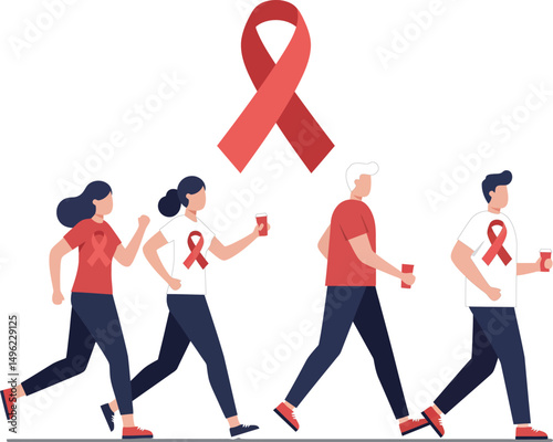 Group of diverse people walking with red AIDS awareness ribbons and drinks promoting health support and solidarity campaign 