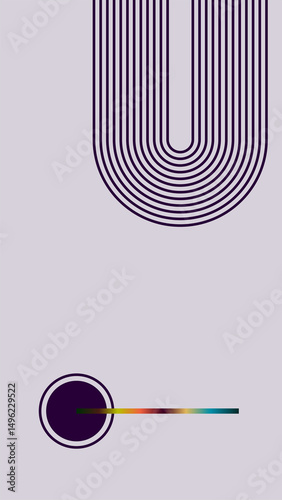 Abstract design with a U-shaped curve in dark purple on a textured gray background. A circle with a gradient line adds depth, perfect for posters, backgrounds, and modern designs.