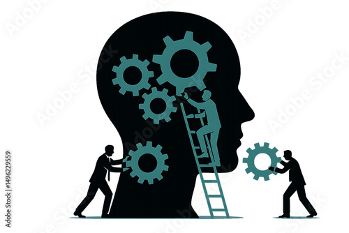 Business people working on head gears mechanism isolated on transparent background