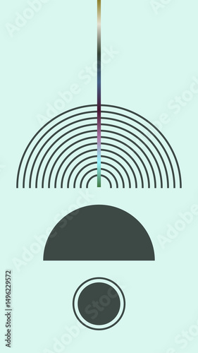 Minimalist abstract artwork with geometric shapes, including arcs, a semicircle, and a textured circle. A vertical gradient line adds contrast, creating a modern and balanced composition.