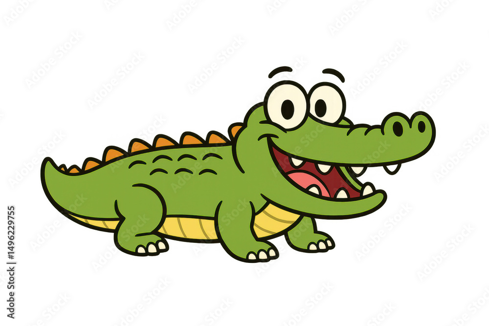 Obraz premium Cartoon crocodile grinning widely, revealing sharp teeth and bulging eyes against transparent backdrop