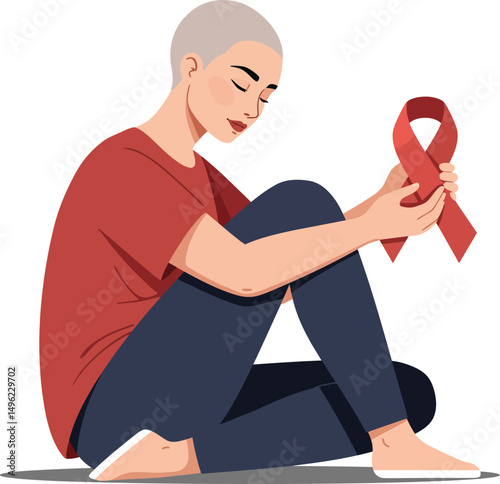 Woman with cancer ribbon sitting and reflecting on health awareness and support in red shirt and dark pants vector illustration 