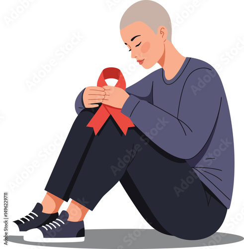 Person with cancer awareness ribbon sitting down holding red ribbon in thoughtful pose vector illustration 