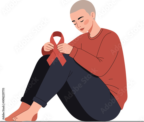 Woman with short hair holding red cancer awareness ribbon sitting in thoughtful pose vector illustration 