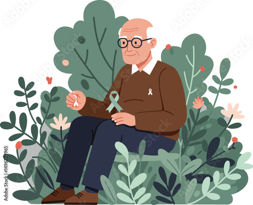 Elderly man sitting with awareness ribbon surrounded by green foliage and plants vector illustration 