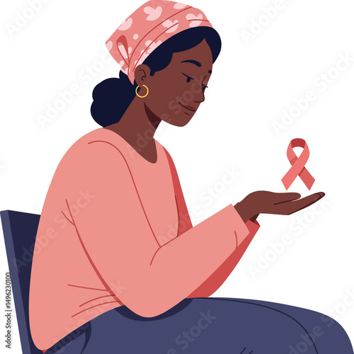 Woman with headscarf holding pink breast cancer awareness ribbon sitting in thoughtful pose vector illustration 