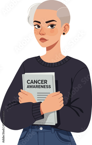 Young woman holding cancer awareness newspaper promoting health education and support for patients and survivors 