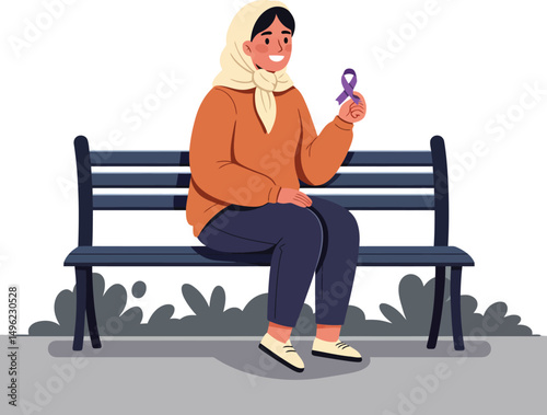 Woman sitting on park bench holding a purple ribbon for awareness campaign in casual autumn outfit vector illustration 