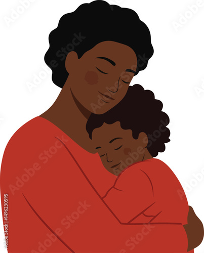 Loving mother embracing her child in warm red clothing tender moment illustration 