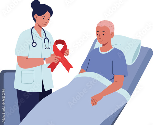 Nurse presenting red awareness ribbon to patient in hospital bed for health support and care vector illustration 