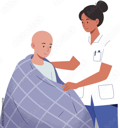 Nurse providing care and comfort to bald patient wrapped in blue blanket in healthcare setting vector illustration 