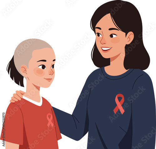 Cancer awareness support with mother comforting son wearing ribbon vector illustration in caring moment 