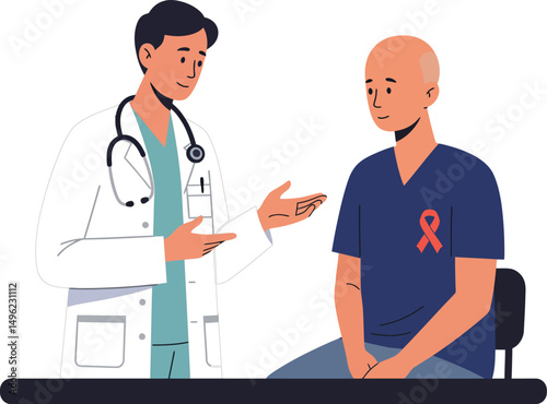 Doctor consulting patient with cancer awareness ribbon in medical office vector illustration 