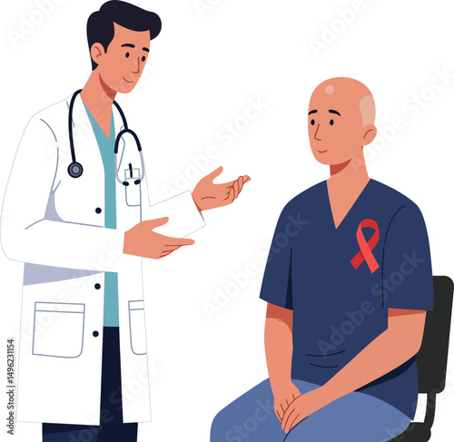 Doctor Consulting Patient with HIV Awareness Ribbon on Shirt in Medical Office Vector Illustration 