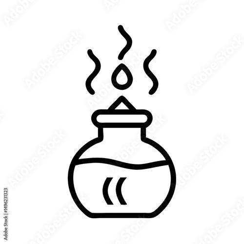 Aromatic liquid in a round container with rising vapor and a unique symbol on the side is shown