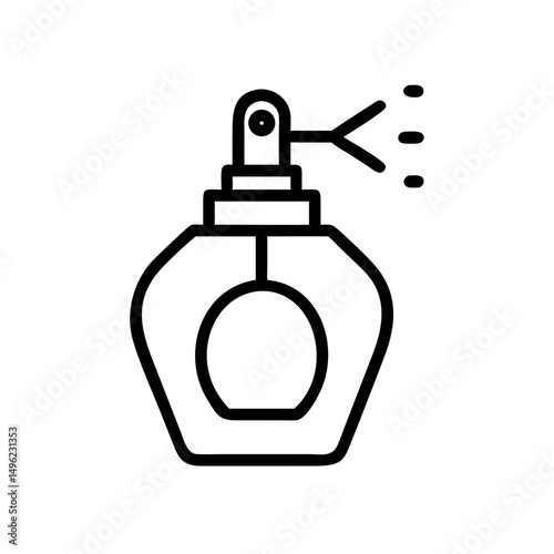 Outline drawing of a perfume bottle with a spray nozzle emitting a fine mist of fragrance in the air