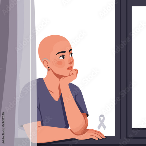 Thoughtful bald person with earring looking out window with cancer awareness ribbon vector illustration 