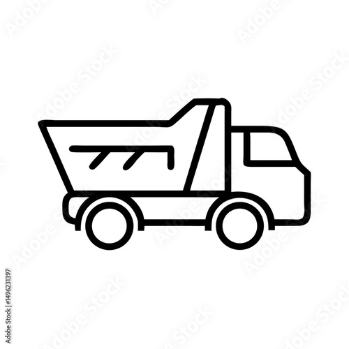 A simple depiction of a dump truck with a minimalist outline style on a white background design here