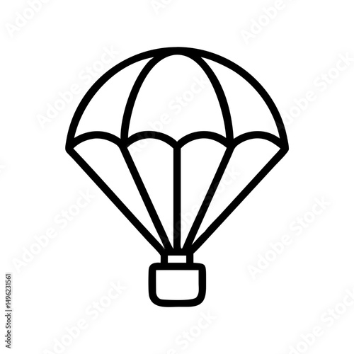 Simple graphic representation of a parachute with a square basket in black outline design isolated