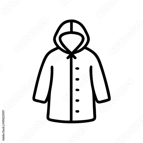 Outline drawing of a hooded coat with buttons down the front for protection from the weather elements