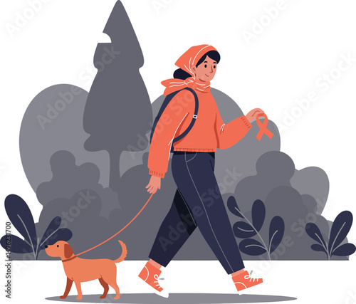 Woman walking dog in autumn park wearing orange hoodie and casual clothes vector illustration 
