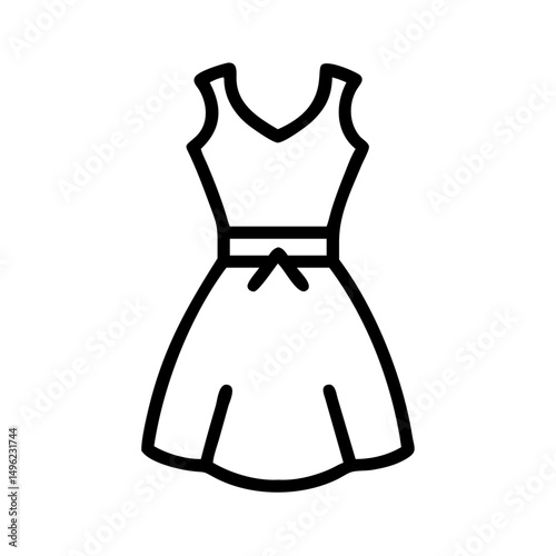 Simple outline drawing of a sleeveless dress with a bow at the waist and a v shaped neckline design