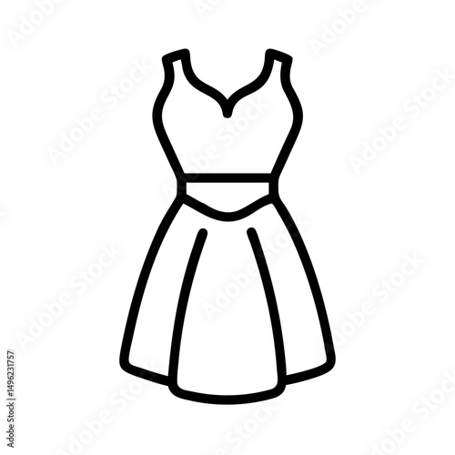 Outline drawing of a sleeveless dress with a fitted bodice and a flared skirt design element exactly 100