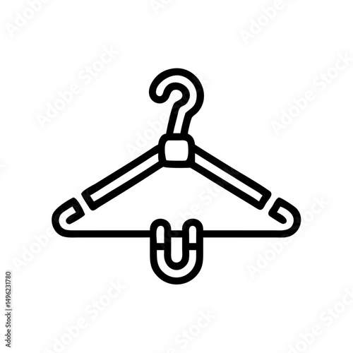 Simple line drawing of a black clothes hanger with a hook and a support bar for garments displayed