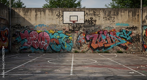 An outdoor basketball court with graffiti on the walls, evoking a sense of urban street culture