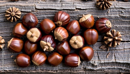 Chestnuts gathered on rustic wood food photography natural setting close-up view organic concept